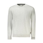 Pepe Jeans gray cotton men's sweater displayed on a hanger with a ribbed collar and cuffs, casual and comfortable style.