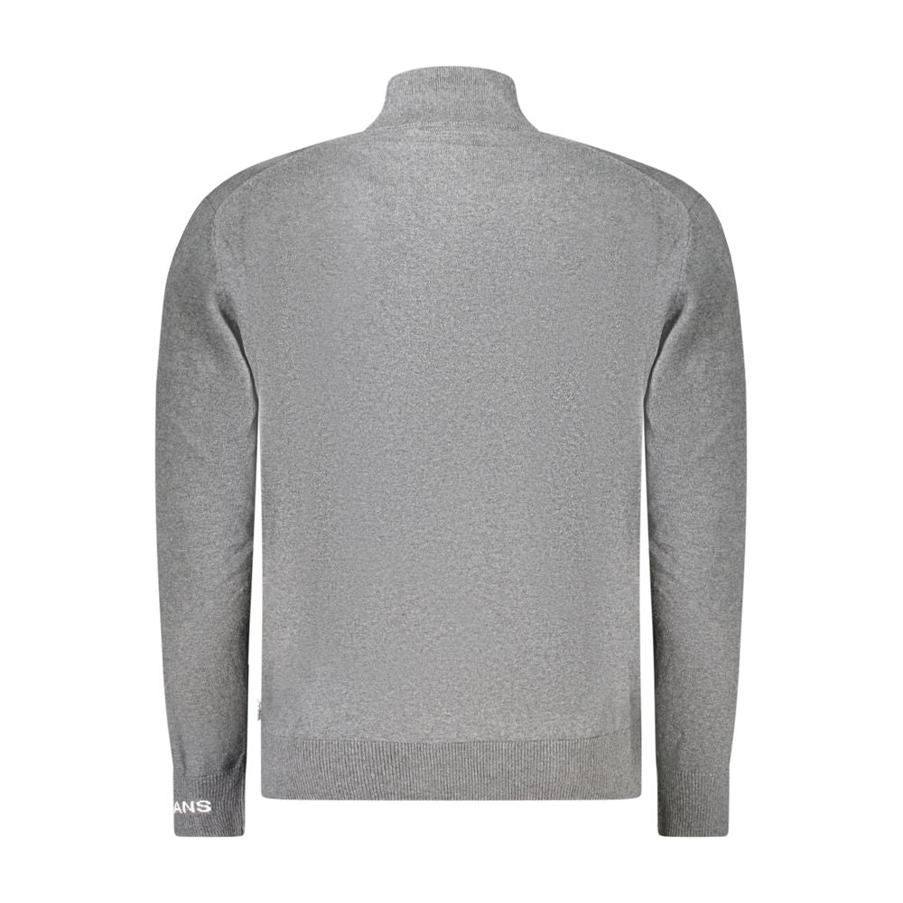 Pepe Jeans men's gray cotton sweater with ribbed cuffs and collar, casual style, displayed on a hanger.