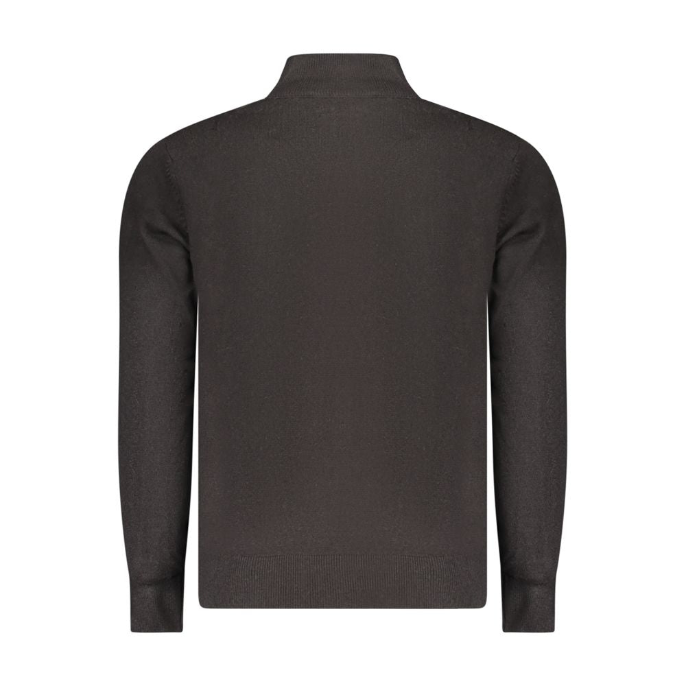 North Sails Nero Acrylic Men Cardigan displayed on a hanger, featuring a classic design with a button-up front and ribbed cuffs.