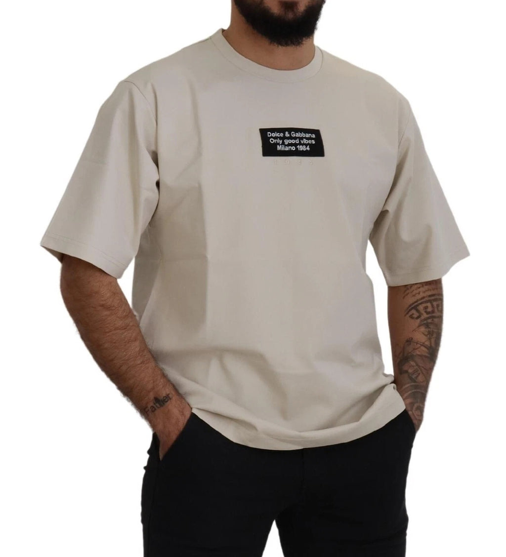 Dolce & Gabbana ivory cotton printed crewneck sweatshirt with intricate patterns and comfortable fit.