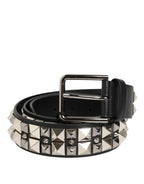 Dolce & Gabbana Black Calf Leather Studded Silver Buckle Belt - Eljoys Fashion 