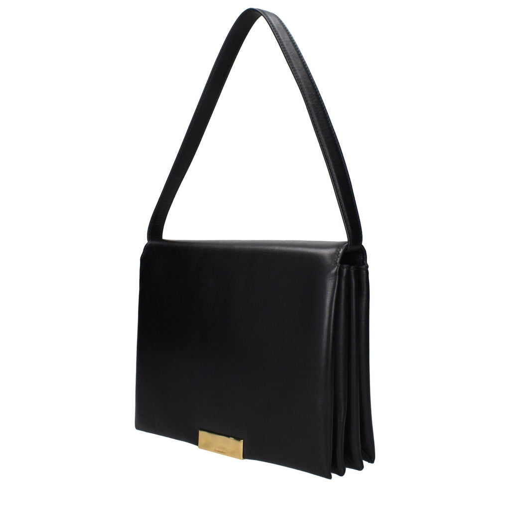 Black leather shoulder bag by Jil Sander with sleek design and minimalist style, featuring a smooth surface and structured shape.