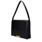 Black leather shoulder bag by Jil Sander with sleek design and minimalist style, featuring a smooth surface and structured shape.