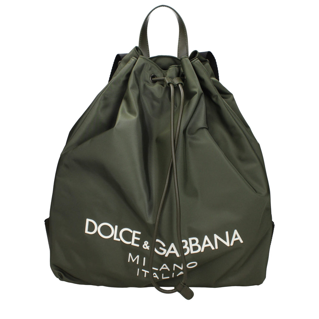 Green nylon Dolce & Gabbana backpack with adjustable straps and logo detailing, shown from the front.