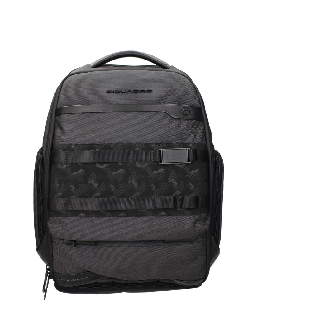 Piquadro gray fabric backpack with adjustable shoulder straps, multiple compartments, and a sleek, modern design.