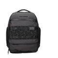 Piquadro gray fabric backpack with adjustable shoulder straps, multiple compartments, and a sleek, modern design.