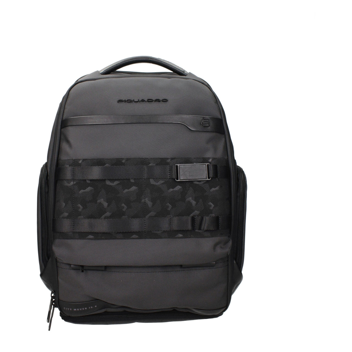 Piquadro gray fabric backpack with adjustable shoulder straps, multiple compartments, and a sleek, modern design.