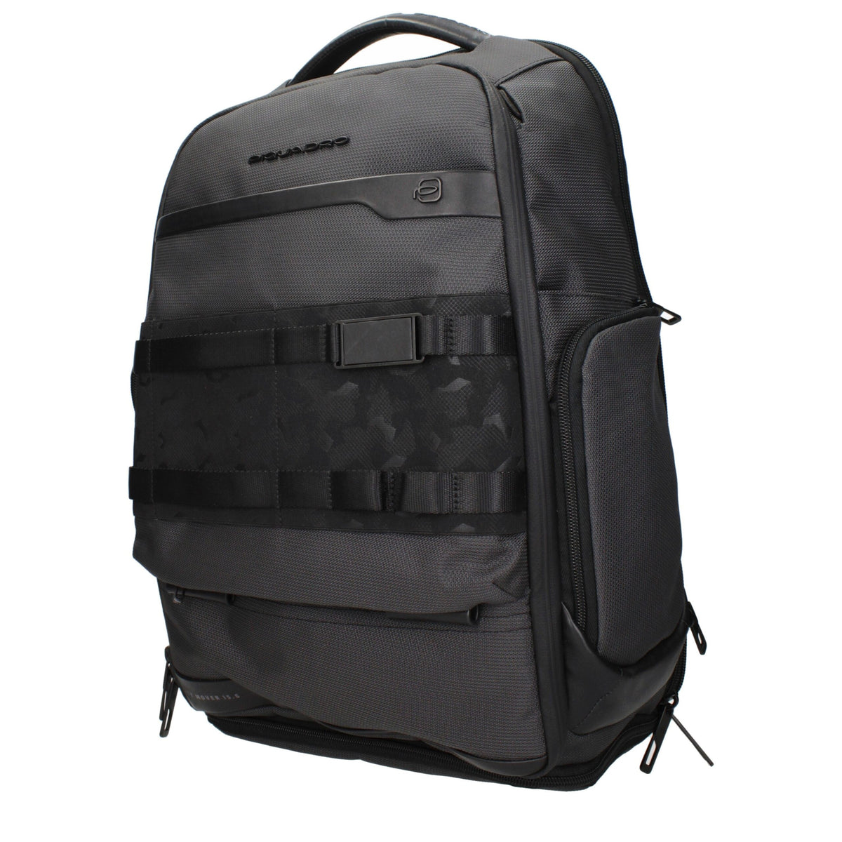 Gray Piquadro fabric backpack with multiple compartments, adjustable straps, and sleek design for everyday use.