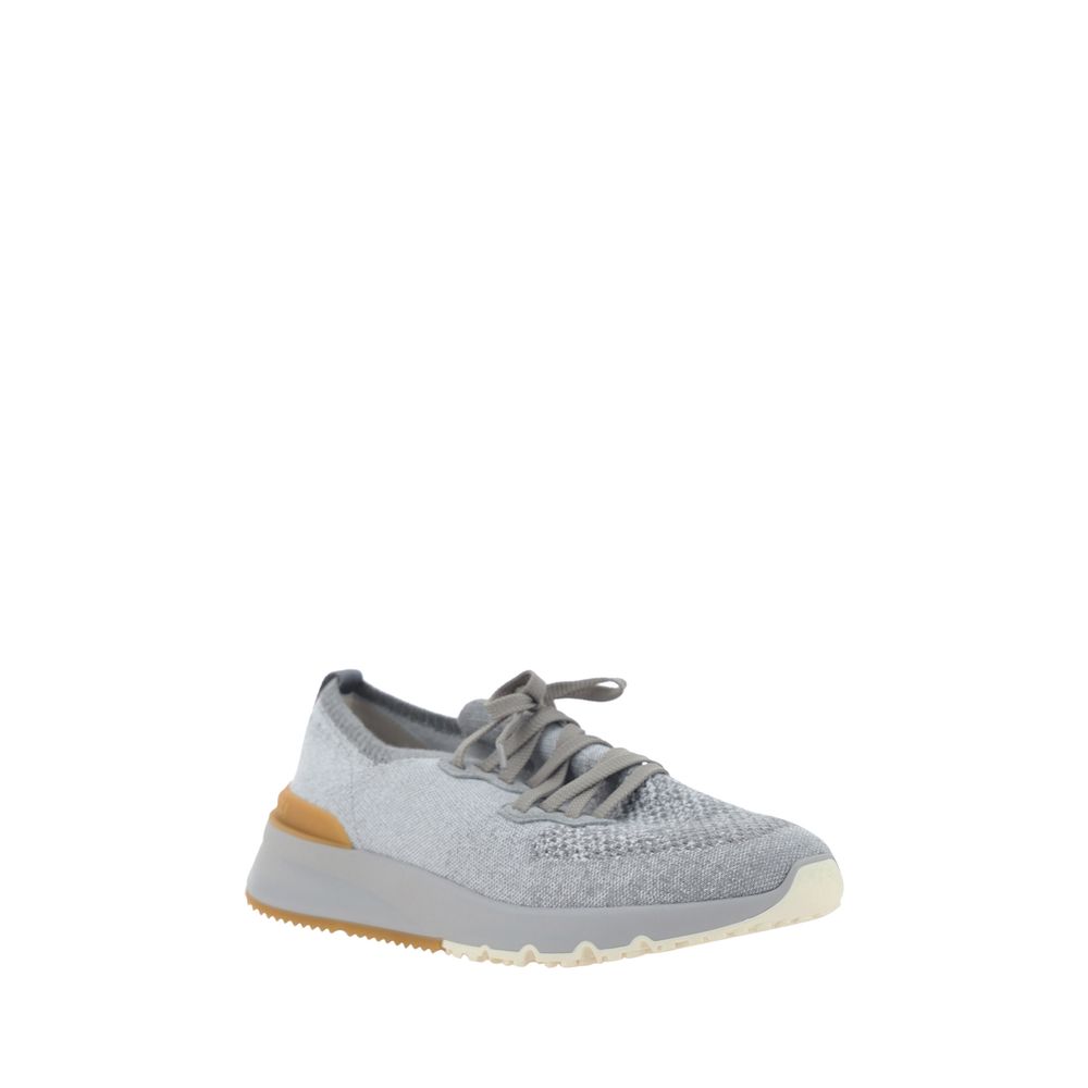 Gray Brunello Cucinelli cotton athletic sneakers with white soles and sleek design, perfect for casual and sporty wear.