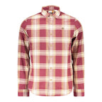 Red cotton men's shirt by Timberland, featuring a classic button-up design and collar, displayed on a hanger.