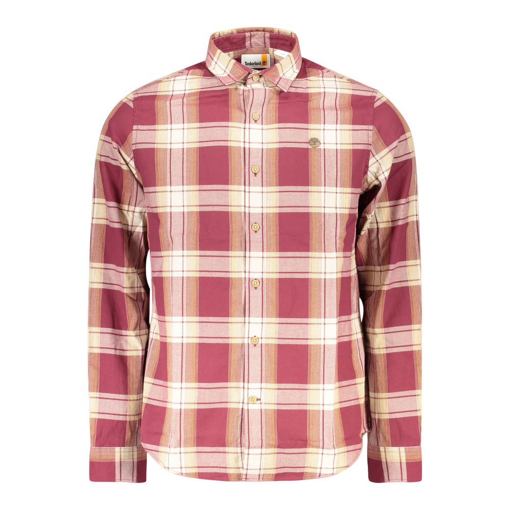 Red cotton men's shirt by Timberland, featuring a classic button-up design and collar, displayed on a hanger.