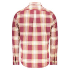 Timberland red cotton men's shirt with button-down collar and long sleeves, casual style, displayed on a hanger.