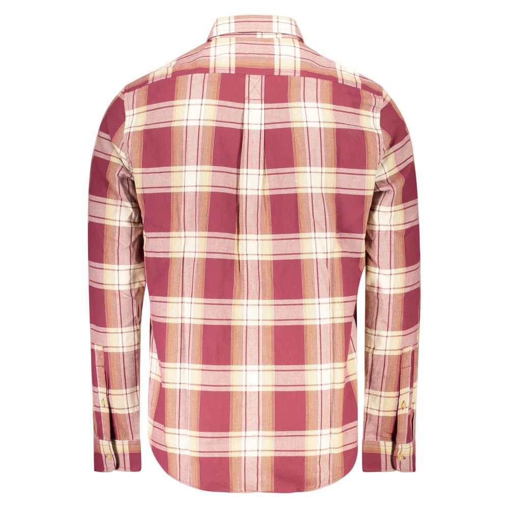 Timberland red cotton men's shirt with button-down collar and long sleeves, casual style, displayed on a hanger.