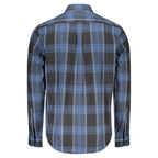 Timberland blue cotton men's shirt displayed flat, featuring a classic collar, button-down front, and long sleeves.