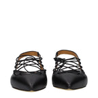 Black leather flats by Moschino with rounded toe and decorative bow, stylish and comfortable footwear for women.