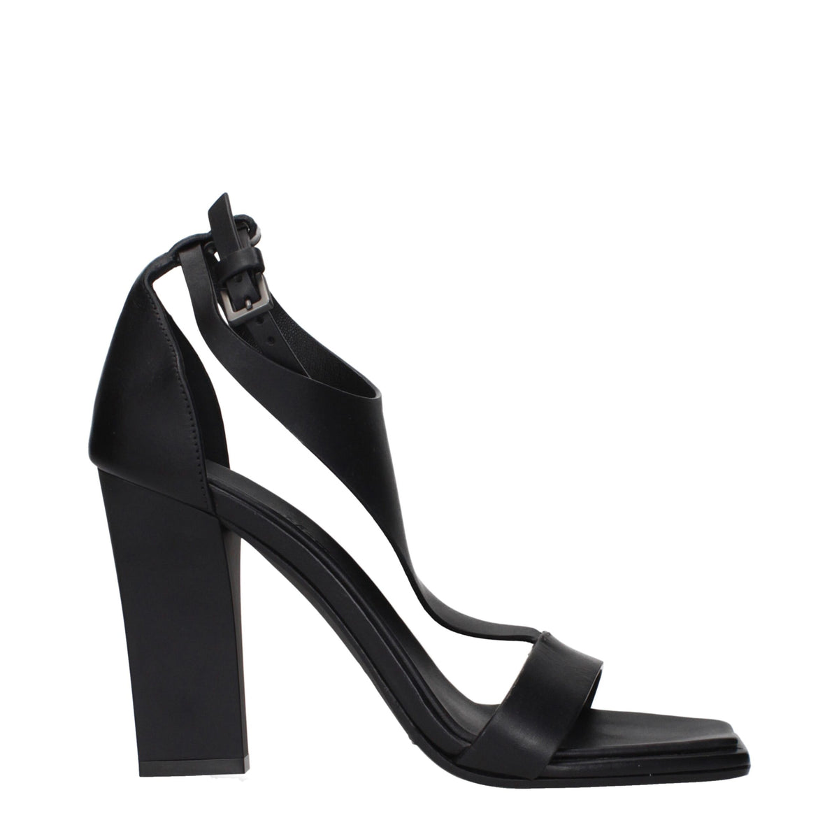 Max Mara black leather stiletto heel sandals featuring ankle straps and open toes, stylish and elegant for formal occasions.