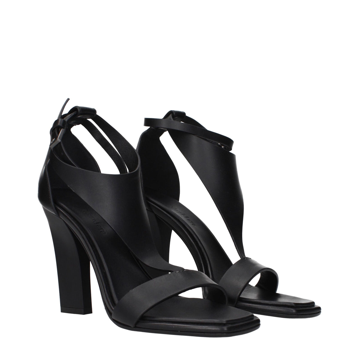 Max Mara black leather stiletto heel sandals with open toes and ankle straps, stylish footwear for elegant occasions.