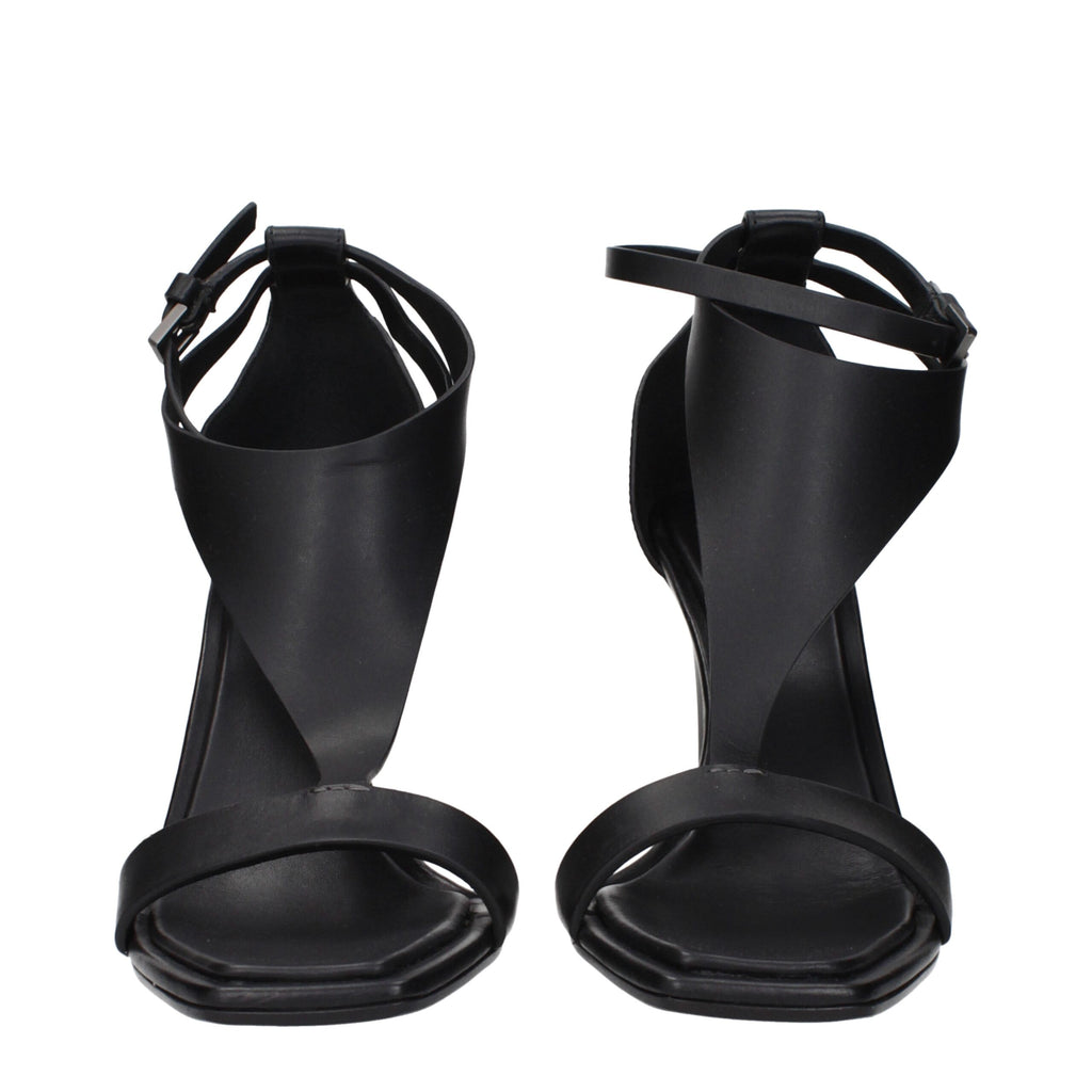 Max Mara black leather stiletto heel sandals with open toe and ankle strap, stylish and elegant footwear for women.
