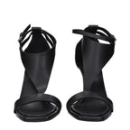 Max Mara black leather stiletto heel sandals with open toe and ankle strap, stylish and elegant footwear for women.