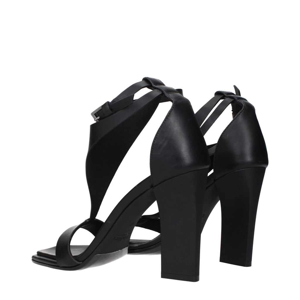 Max Mara black leather stiletto heel sandals with open toes and ankle straps, stylish women's footwear.