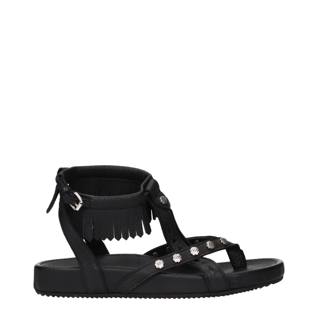 Black leather flat sandals by Isabel Marant, featuring minimalist design and open-toe style, ideal for casual summer wear.
