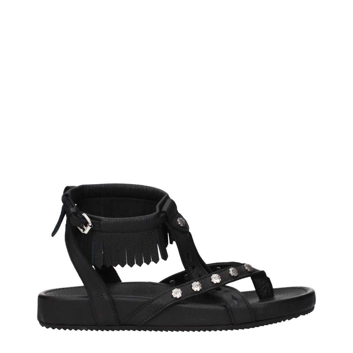 Black leather flat sandals by Isabel Marant, featuring minimalist design and open-toe style, ideal for casual summer wear.