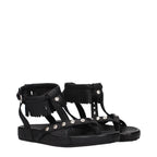 Isabel Marant black leather flat sandals with open toes and ankle straps, stylish footwear for casual or summer wear.