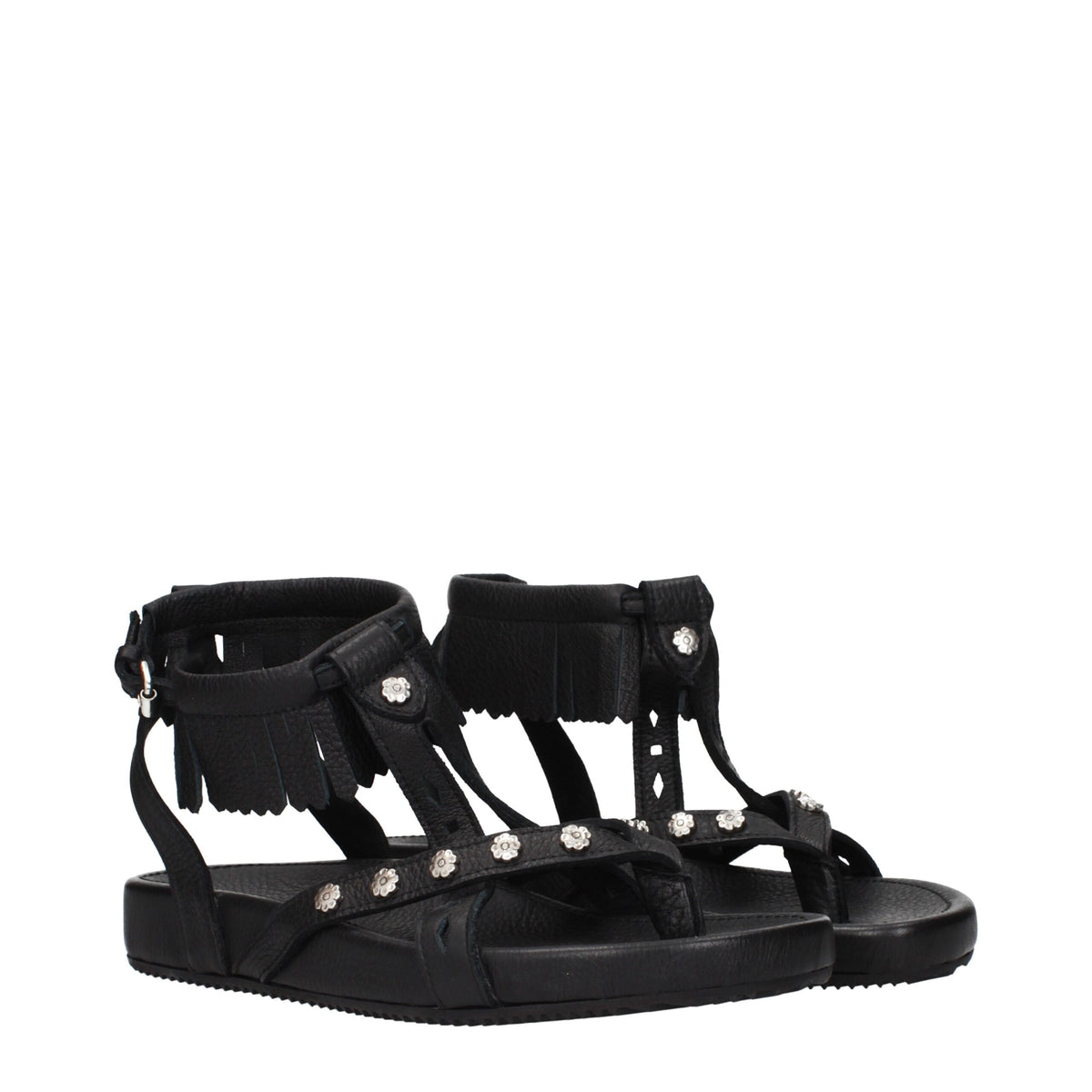 Isabel Marant black leather flat sandals with open toes and ankle straps, stylish footwear for casual or summer wear.