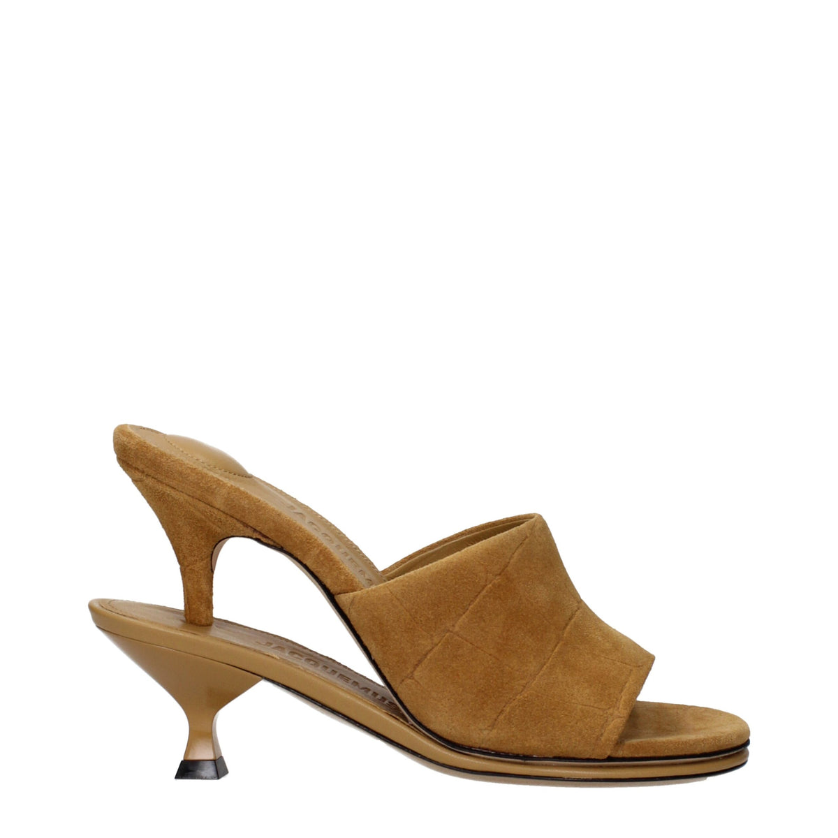 Jacquemus brown leather stiletto heel sandals with open toe and ankle strap on a neutral background.
