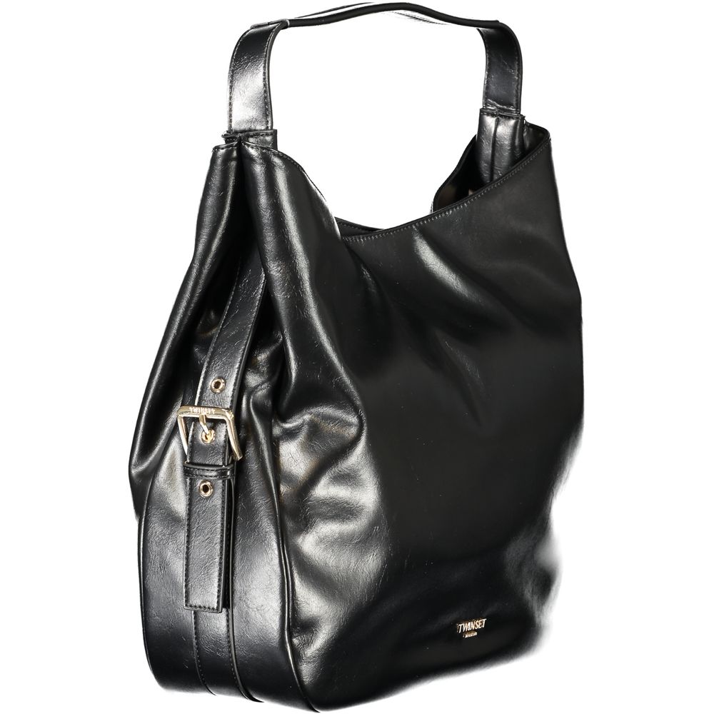 Black Twinset polyurethane hobo bag with slouchy design, featuring a single shoulder strap and minimalist style.