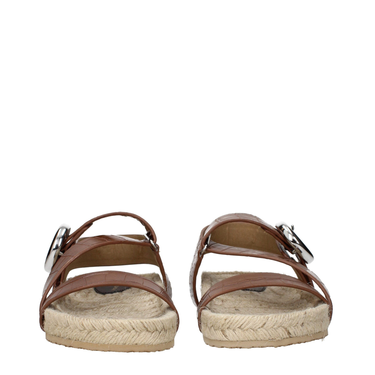 Brown leather flat sandals by Stella McCartney featuring minimalist design and open toe style.