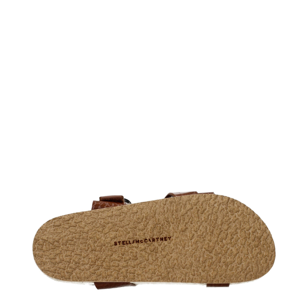 Stella McCartney brown leather flat sandals with ankle straps and open toe design, casual and stylish footwear for warm weather.