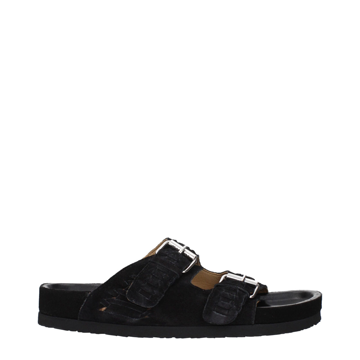 Black leather slippers by Isabel Marant with a sleek design and rounded toe, perfect for casual or chic everyday wear.