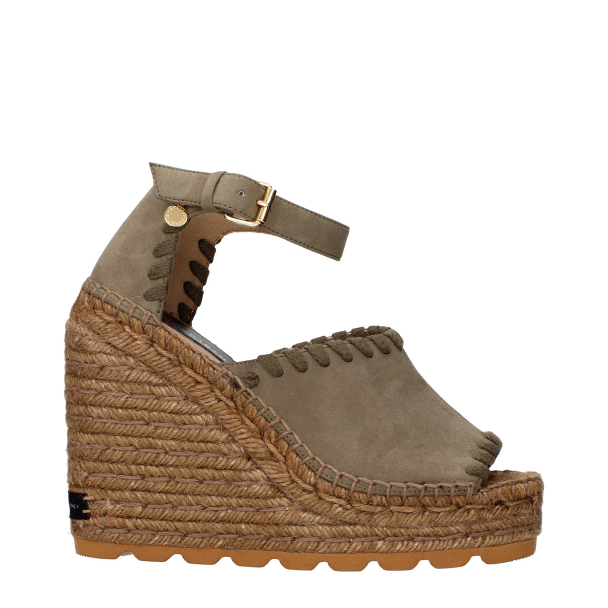 Stella McCartney green leather wedge sandals with ankle straps and open toe design.