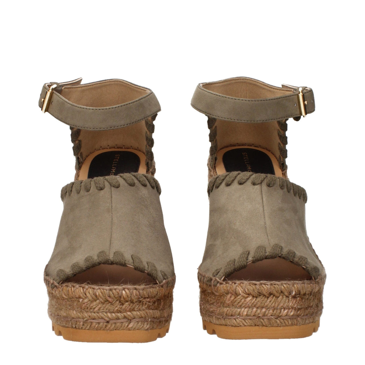 Stella McCartney green leather wedge sandals with ankle straps and open toes, stylish and eco-friendly footwear.