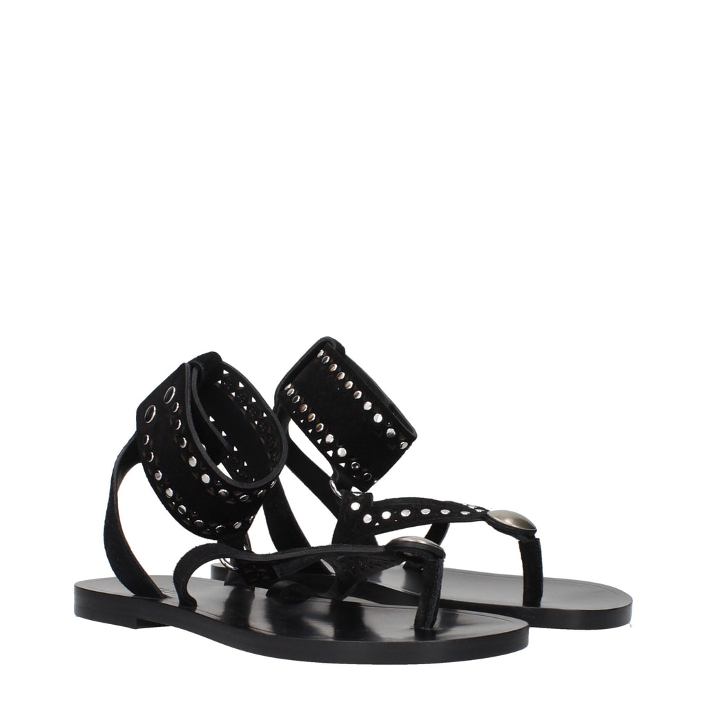 Black leather flip-flop sandals by Isabel Marant featuring minimalist design and slim straps on a neutral background.