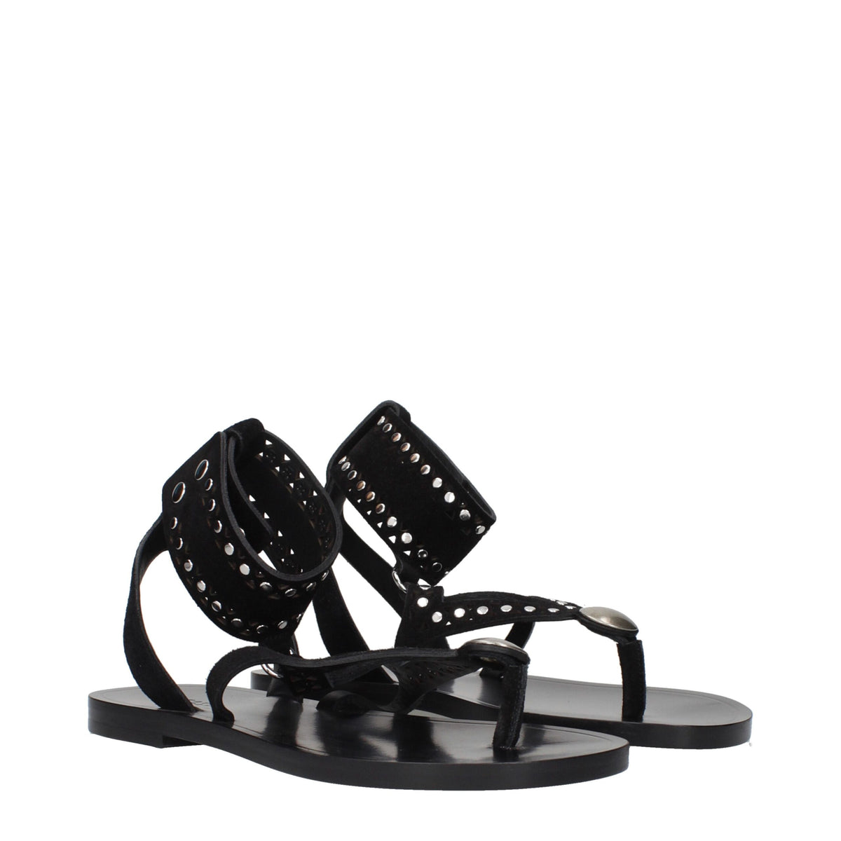 Black leather flip-flop sandals by Isabel Marant featuring minimalist design and slim straps on a neutral background.