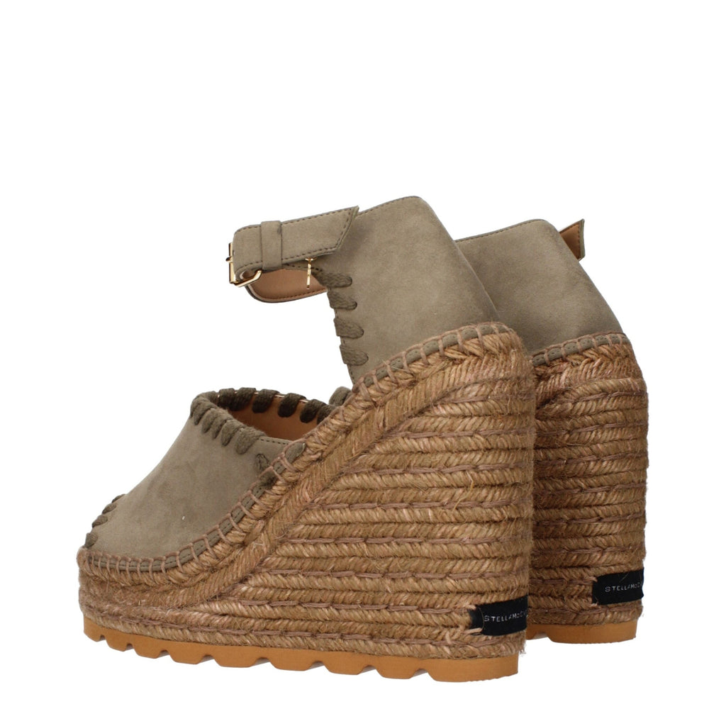Stella McCartney green leather wedge sandals with ankle straps and open toe design on a neutral background.