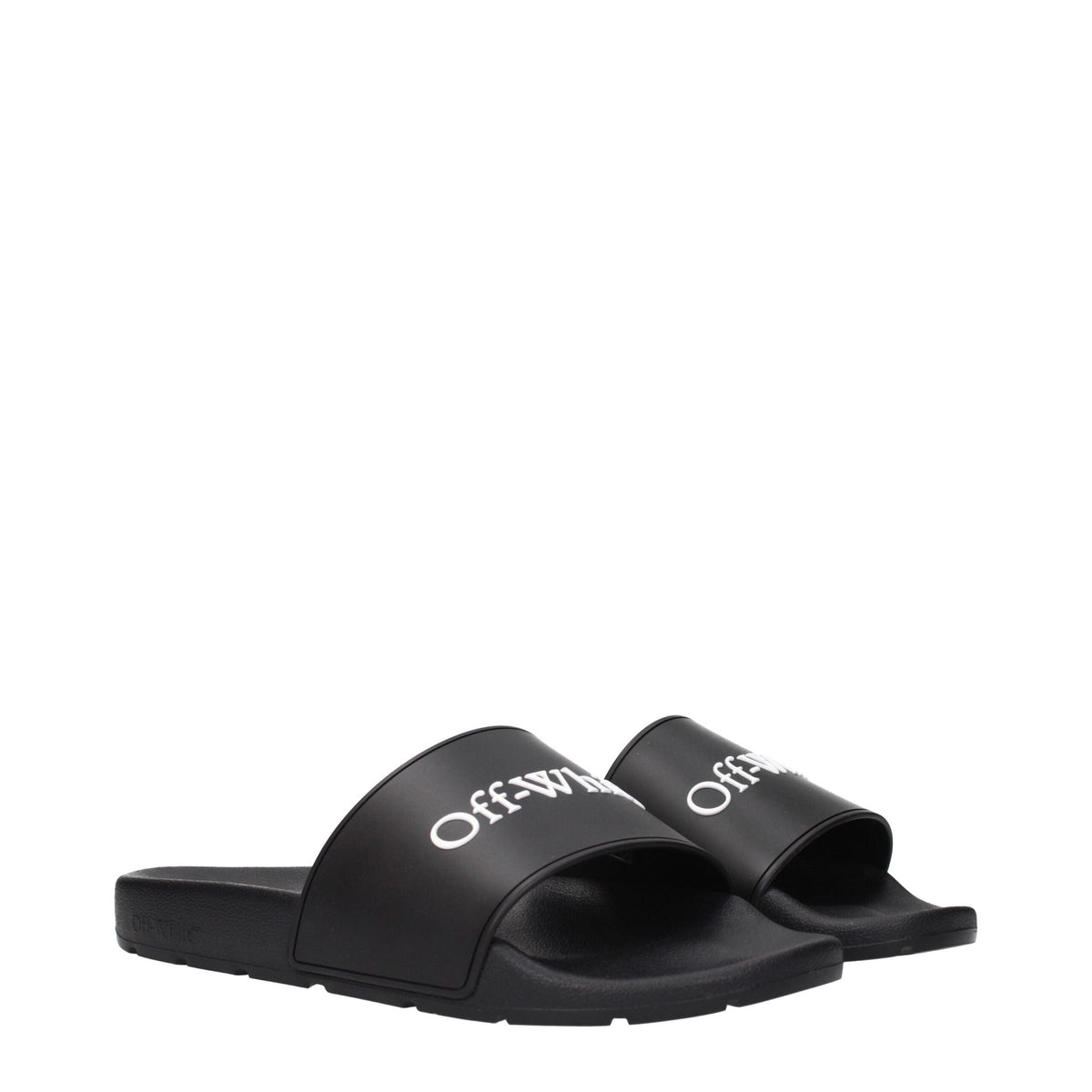 Off-White black cotton slippers with casual slip-on design and brand logo detail on the upper.