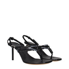 Off-White black leather flip-flop sandals with minimalist strap design and branded logo on the sole.