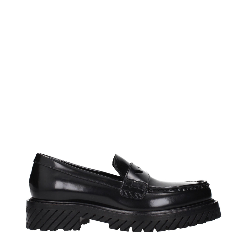 Off-White black leather slip-on loafers with sleek design and minimal stitching, featuring a smooth finish and classic loafer style.