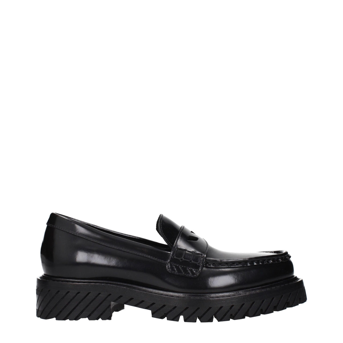 Off-White black leather slip-on loafers with sleek design and minimal stitching, featuring a smooth finish and classic loafer style.