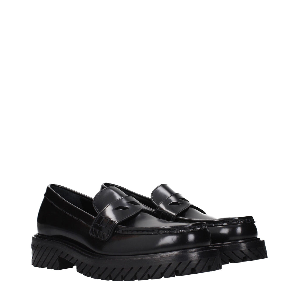 Off-White black leather slip-on loafers with sleek design and minimal stitching, showcasing their stylish and comfortable footwear.