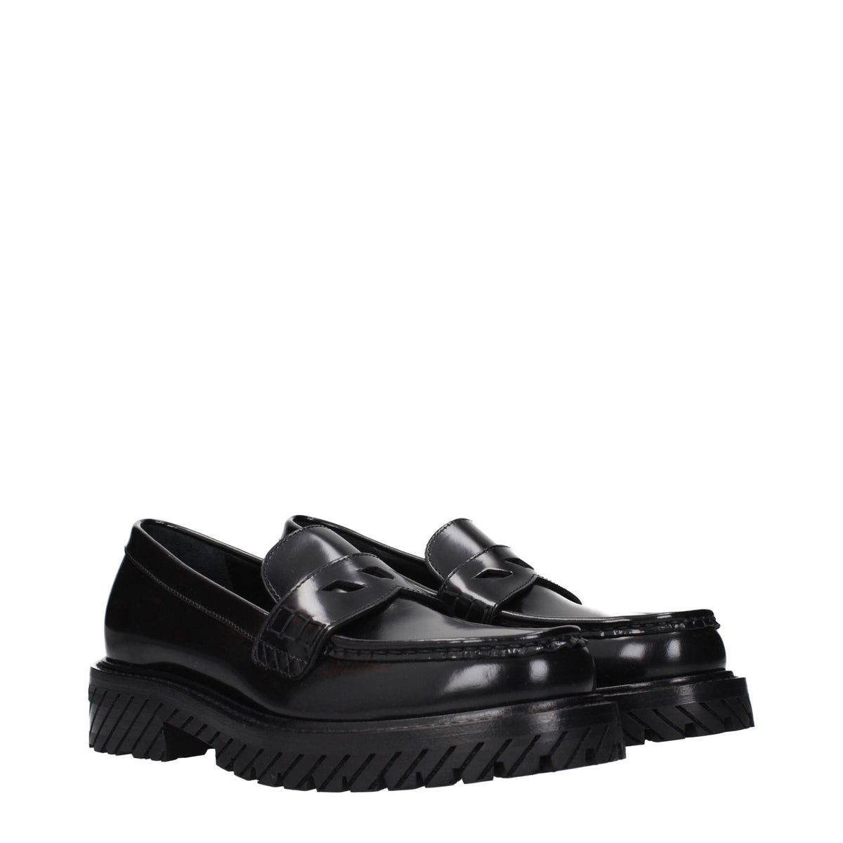 Off-White black leather slip-on loafers with sleek design and minimal stitching, showcasing their stylish and comfortable footwear.