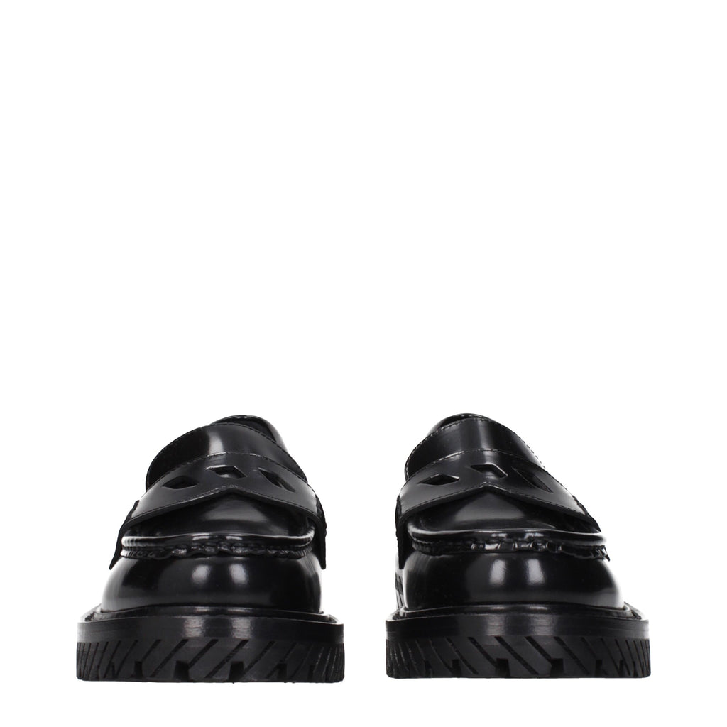 Off-White black leather slip-on loafers with sleek design and minimal branding, ideal for stylish casual or formal wear.