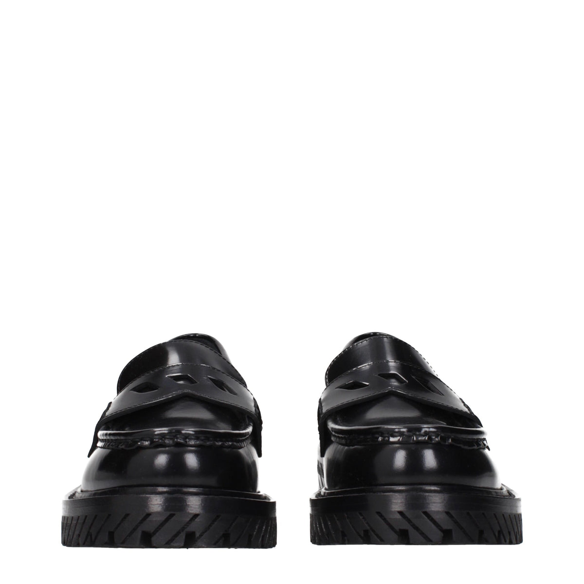 Off-White black leather slip-on loafers with sleek design and minimal branding, ideal for stylish casual or formal wear.