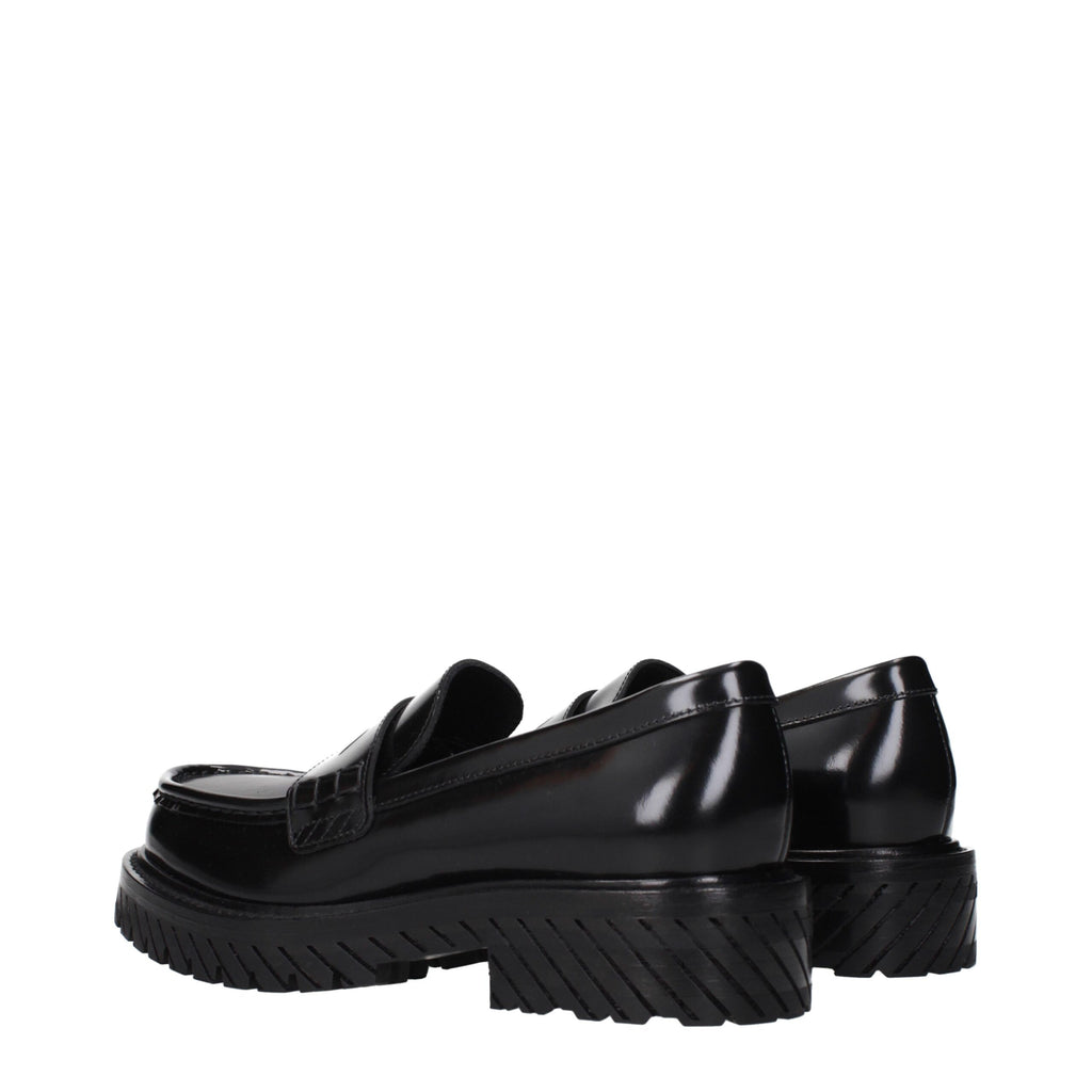Off-White black leather slip-on loafers with sleek design and minimal detailing, showcasing smooth leather and comfortable fit.