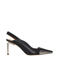 Off-White black leather high heel pumps with pointed toes and sleek design, showcasing elegant footwear style.