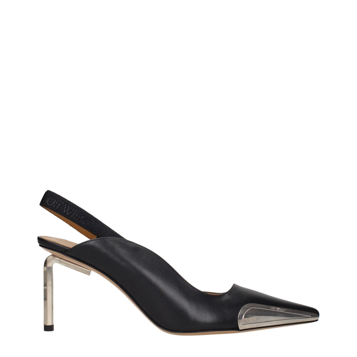 Off-White black leather high heel pumps with pointed toes and sleek design, showcasing elegant footwear style.