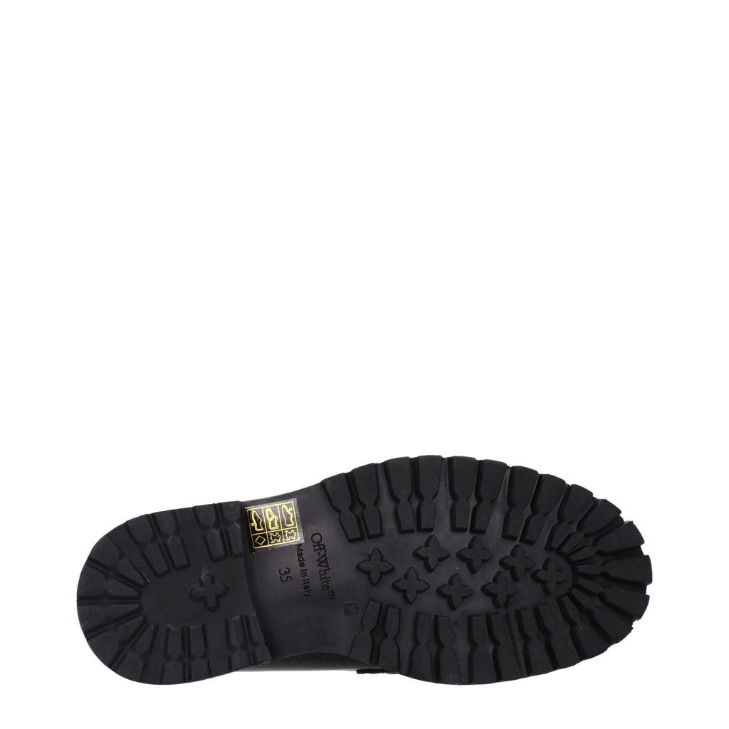 Off-White black leather slip-on loafers with sleek design and minimal detailing, showcasing a stylish and comfortable footwear option.